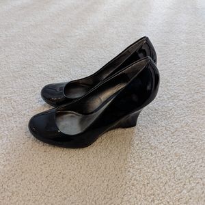 Worthington Black Patent Wedge Pumps